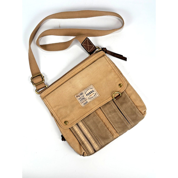 FOSSIL Crossbody Organizer Beige Canvas Handbag Shoulder Boho Hippie Vintage Bag - Picture 1 of 14